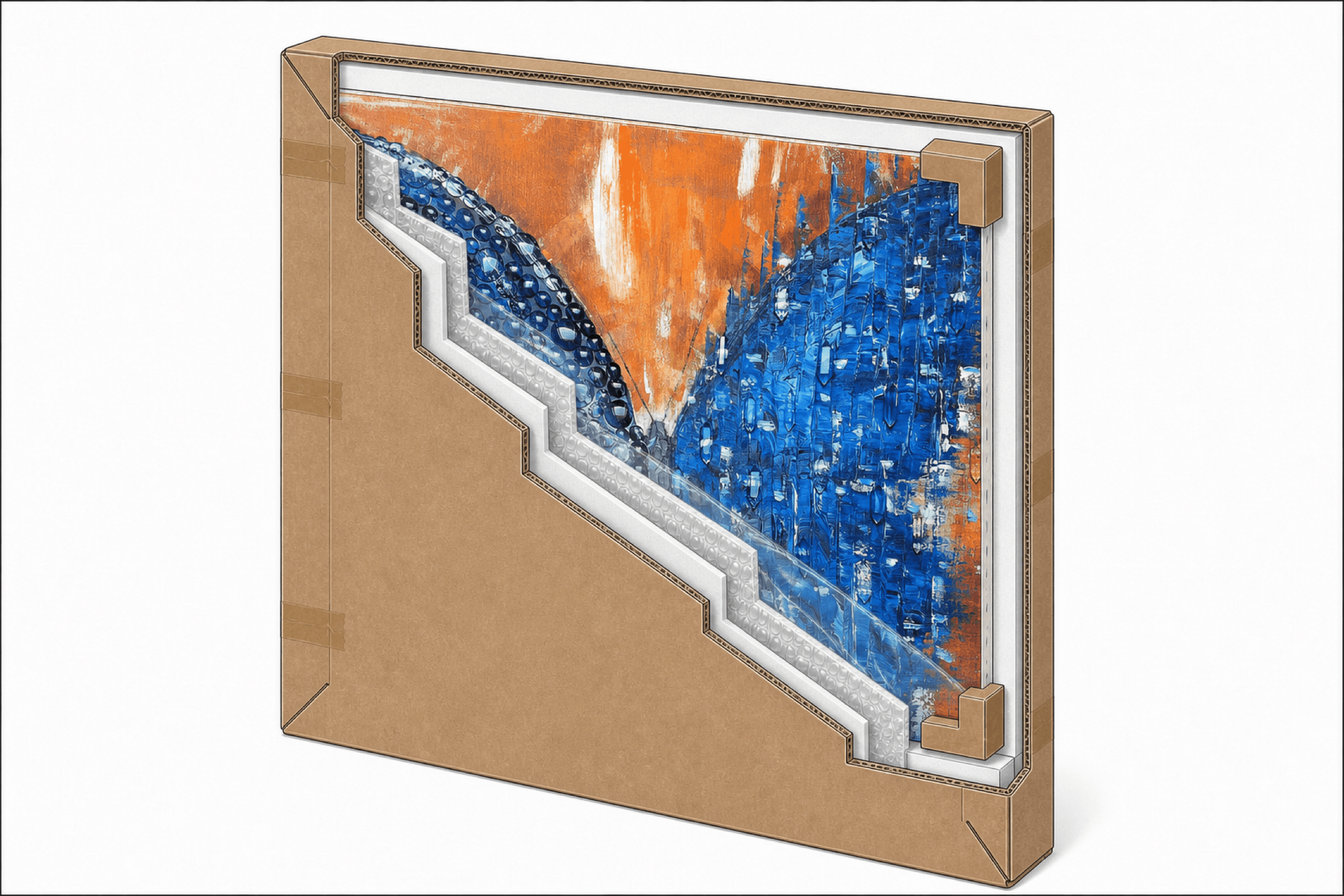Exploded diagram of the packaging: protective film, bubble wrap, corner protectors, foam padding and the outer shipping box